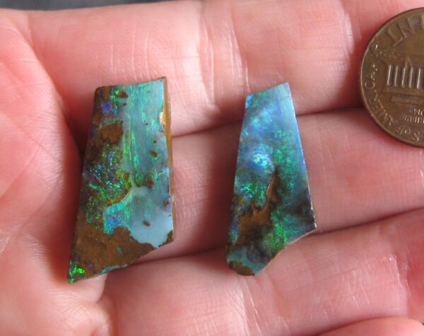 $890 IMG6064 - Boulder Opal pair Greens - not split but would make great earrings 25mm x 12mm 29.88cts