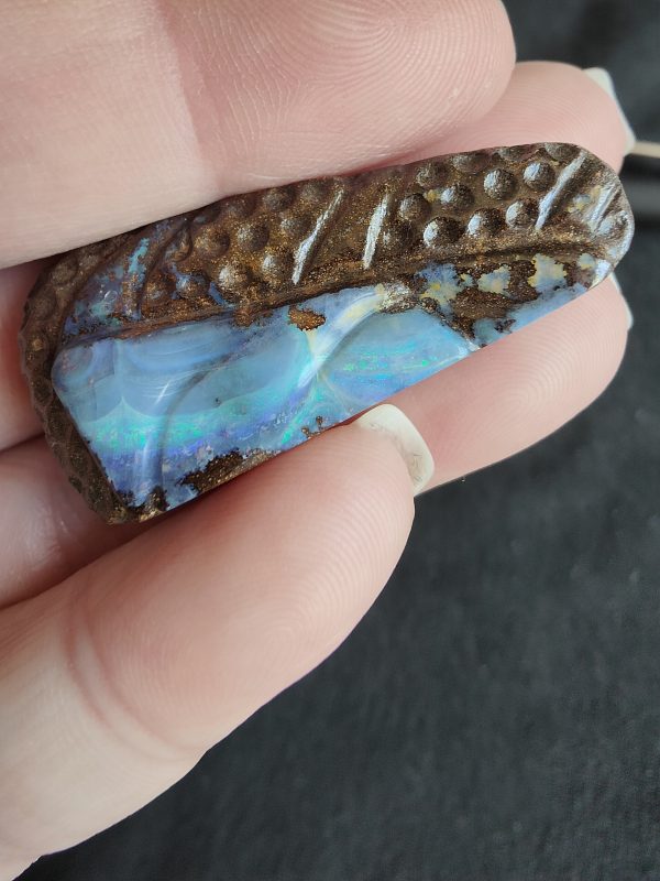 $220 IMG5705 - Boulder Opal Pendant Drilled Long Dotted Bright Blues