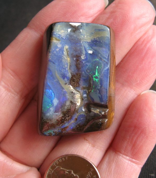 $95 IMG8780 - Boulder Opal Blues some Greens Beautiful polished 35mm x 24mm x 12mm thick - Not Drilled .58oz