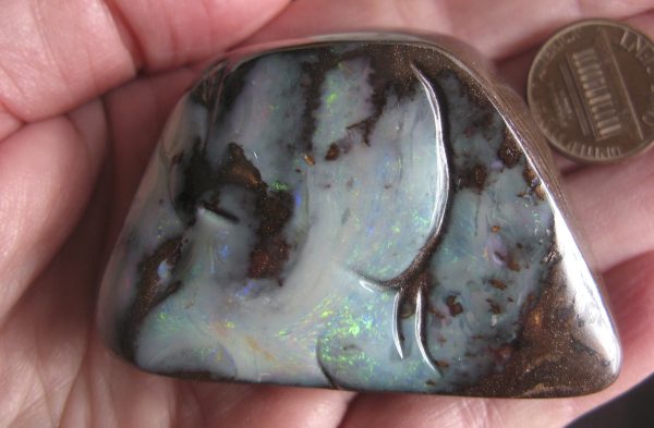 $375 IMG8697 - Boulder Opal picture stone “it’s a hold up”, reds, greens 2.25” x 1.5” x .6” thick 2.7oz