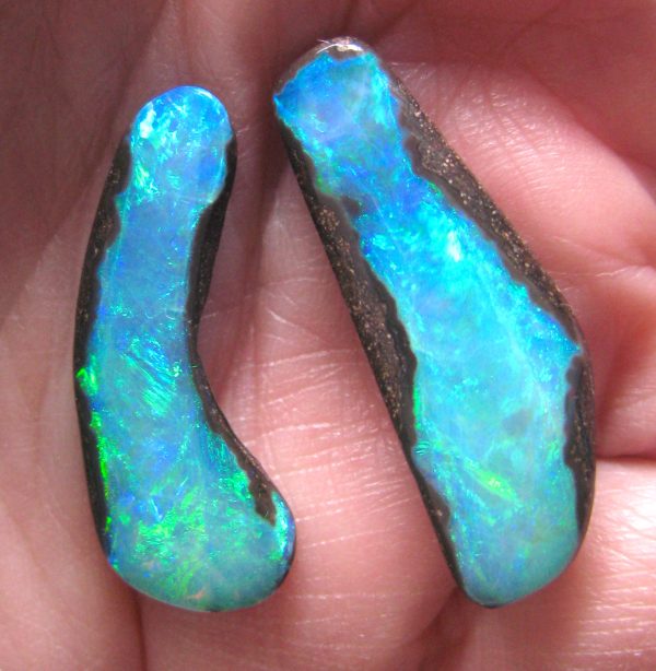 $3,750 IMG2844 - Boulder Gem Earrings Brilliant Greens Golds Blues 31 x 11mm & 29 x 10mm 17.5cts