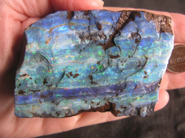 $900 IMG4930 - Boulder Opal very bright Blue Green some Red 2.6” x 1.9” x .5” thick 5.45oz
